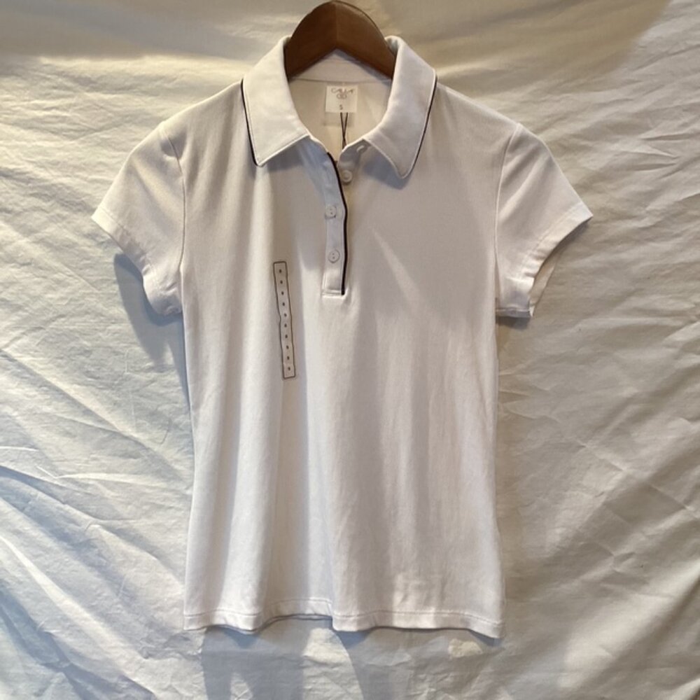 NWT Calia Golf Polo Shirt Ribbed Womens S Short Sleeve Pure White/Black Piping‎